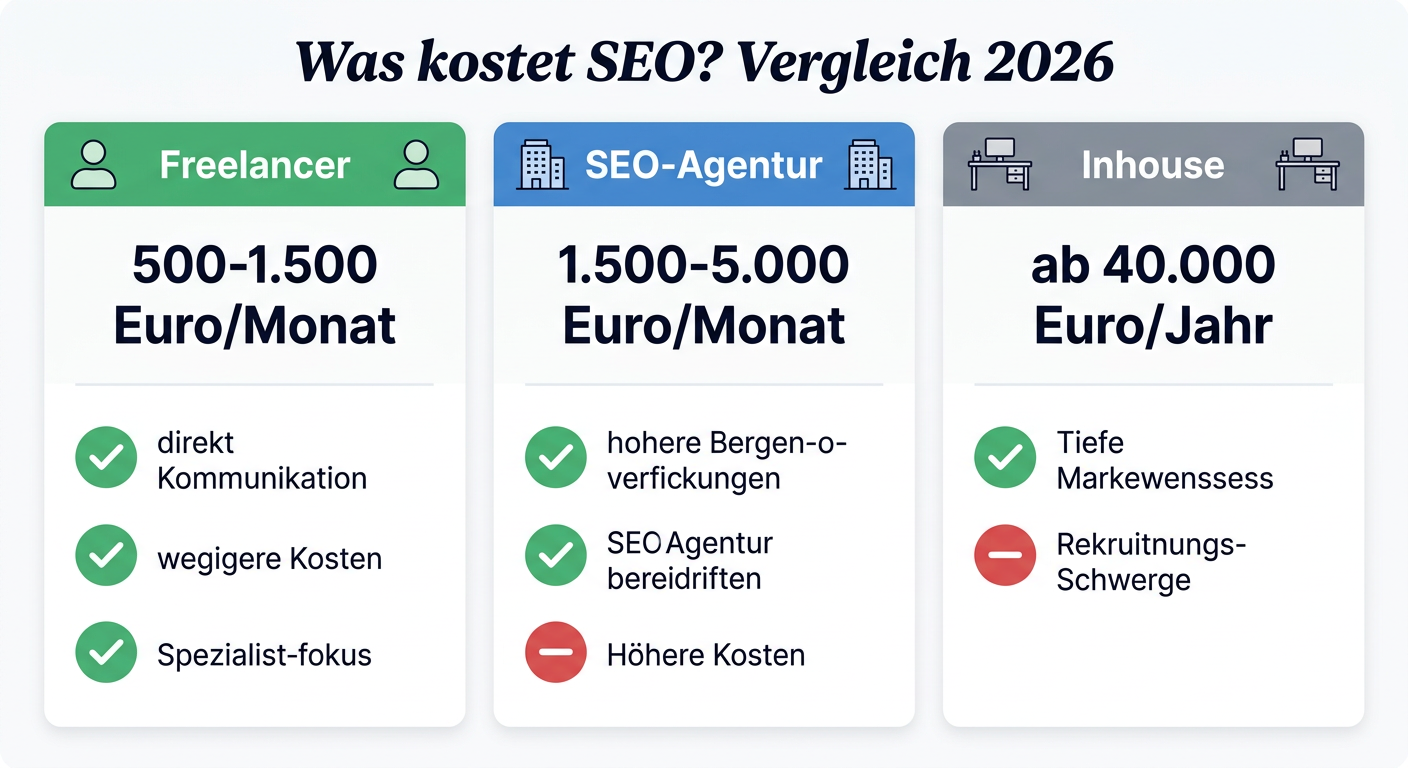 SEO Kosten 2026: Vergleich Freelancer, Agentur und Inhouse für KMU
